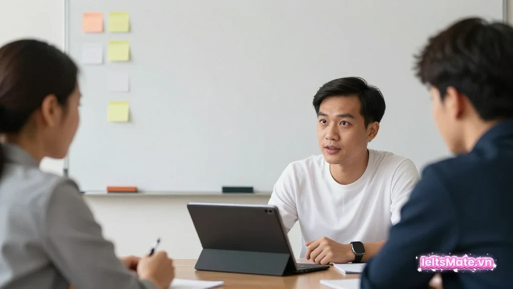 Người học Việt Nam đứng trước gương nhỏ và laptop màn hình mờ, bên cạnh là bản nháp Writing trên giấy trắng.