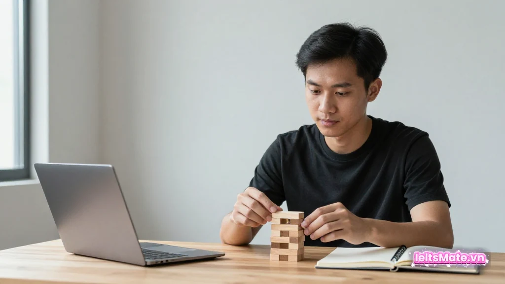 Người học Việt Nam trưởng thành dùng hai ngón tay đặt chính xác khối gỗ trên cùng một tháp khối gỗ nhỏ.