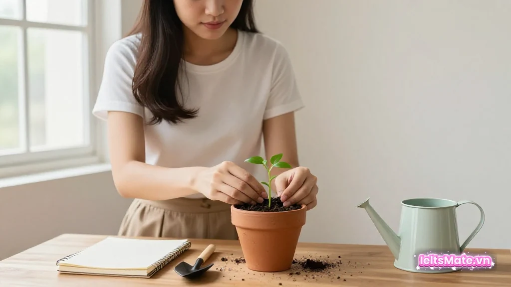 Người học Việt Nam nhẹ nhàng trồng lại một cây con vào chậu đất mới cạnh bàn học sáng, ngón tay dính đất.