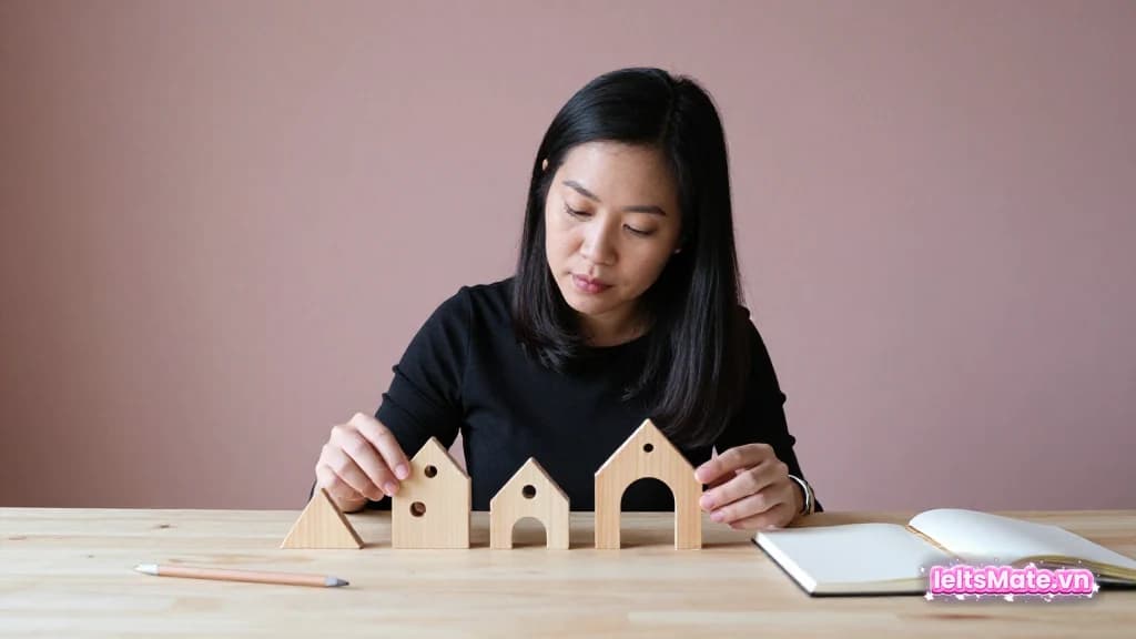 Một người học Việt Nam xếp bốn nhóm khối gỗ trơn thành lộ trình câu từ đơn giản đến mở rộng trên bàn sáng.