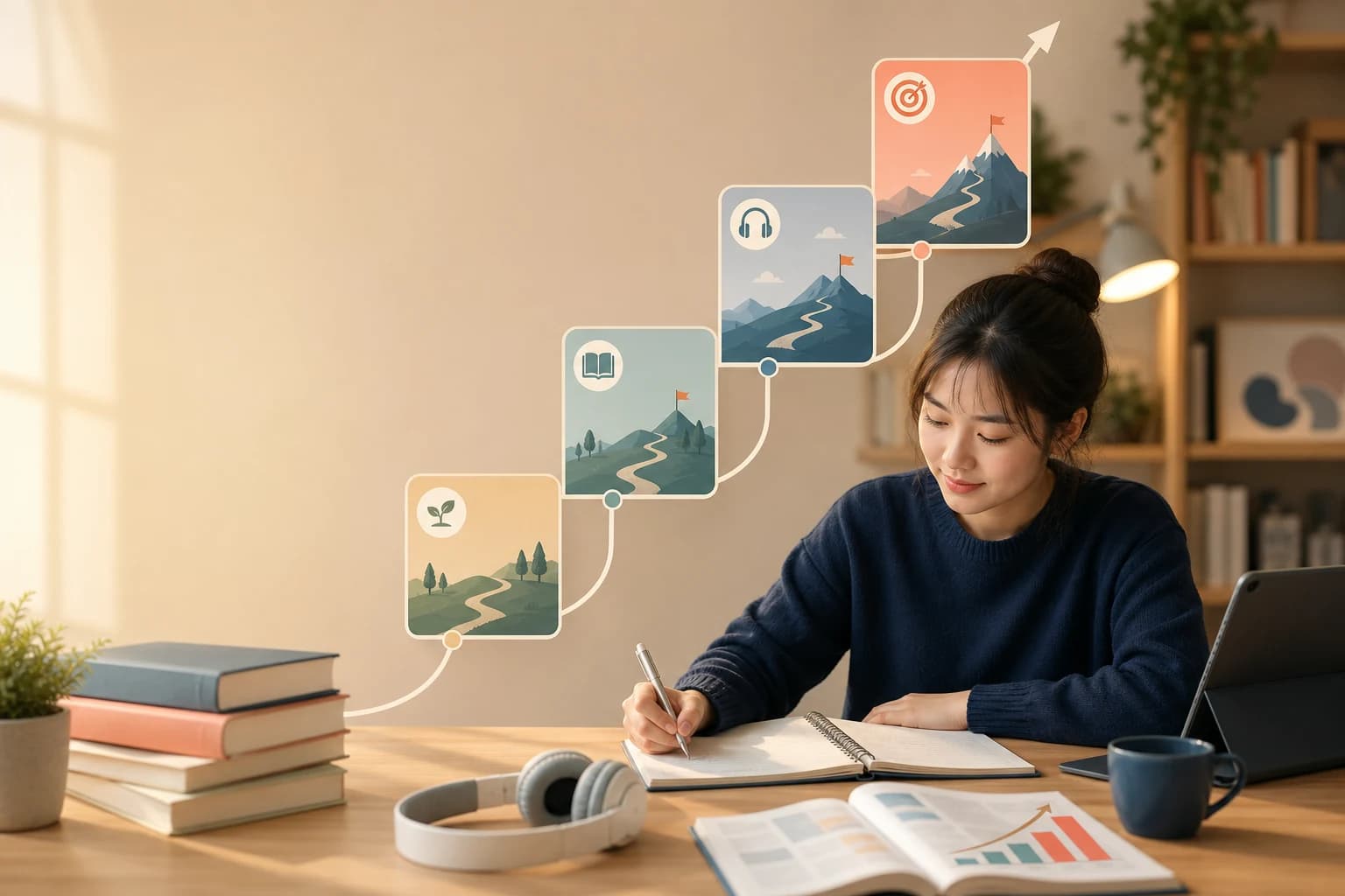 Người học Việt Nam ở trình độ A2 lập lộ trình IELTS với sổ theo dõi bốn kỹ năng và tai nghe trên bàn học.