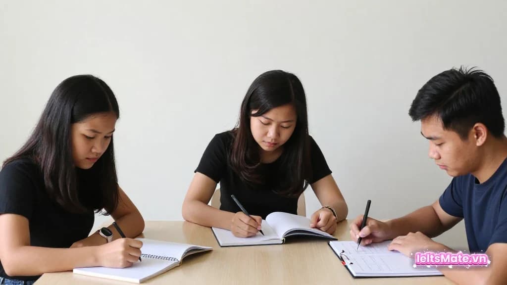 Người học Việt Nam trong góc học sáng, dùng sổ tay và lịch trống để minh họa thao tác luyện luyện đề IELTS online miễn phí.
