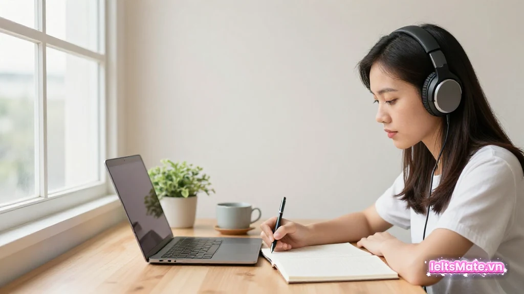 Người học Việt Nam đeo tai nghe, ghi chép vào sổ bên cạnh laptop trong không gian sáng và gọn gàng.