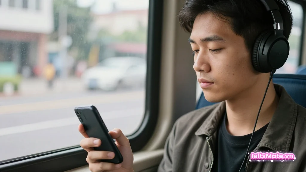 Người học Việt Nam đeo tai nghe, ngồi cạnh cửa kính xe buýt buổi sáng, nhìn xuống điện thoại đang cầm.