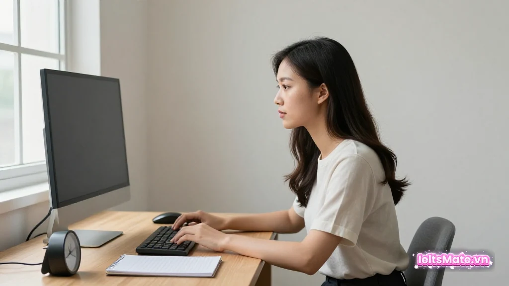 Người học Việt Nam ngồi thẳng trước máy tính màn hình mờ không hiển thị chữ, cạnh một đồng hồ đếm giờ nhỏ.