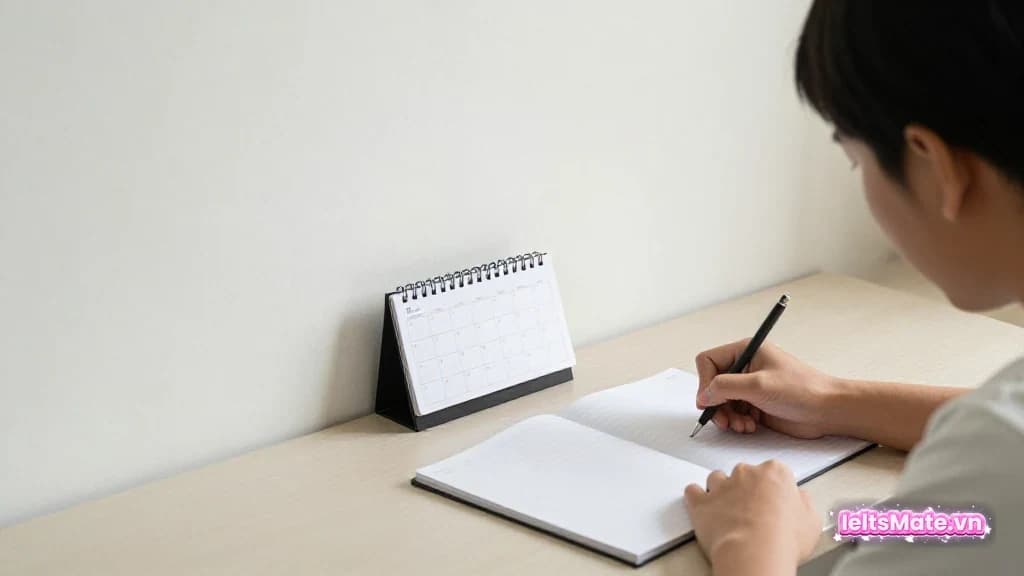 Người học Việt Nam trong góc học sáng, dùng sổ tay và lịch trống để minh họa thao tác luyện câu phức IELTS.