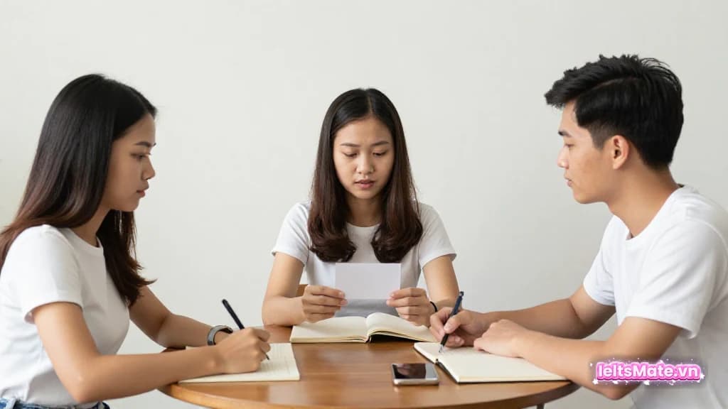 Ba người học Việt Nam ngồi quanh bàn tròn, một người cầm thẻ trắng, hai người ghi chú vào sổ trắng trong buổi luyện nói.