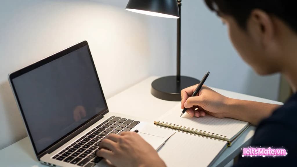 Một người học Việt Nam đọc nhận xét trên laptop màn hình mờ, tay ghi lại một mục sửa vào sổ trắng cạnh bàn.
