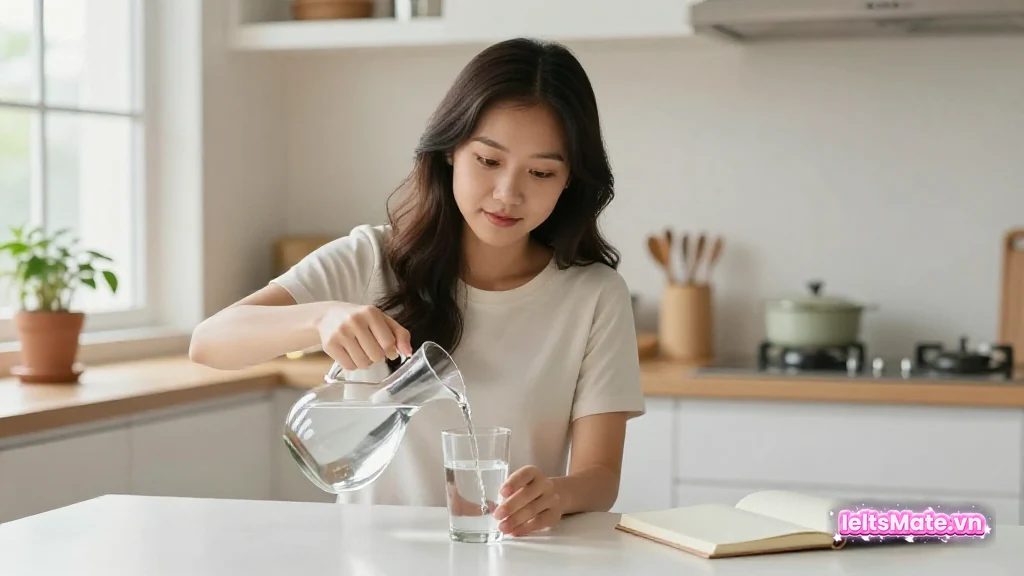 Người học Việt Nam rót nước từ một bình thủy tinh sang một cốc có hình dáng khác trên bàn bếp sáng.