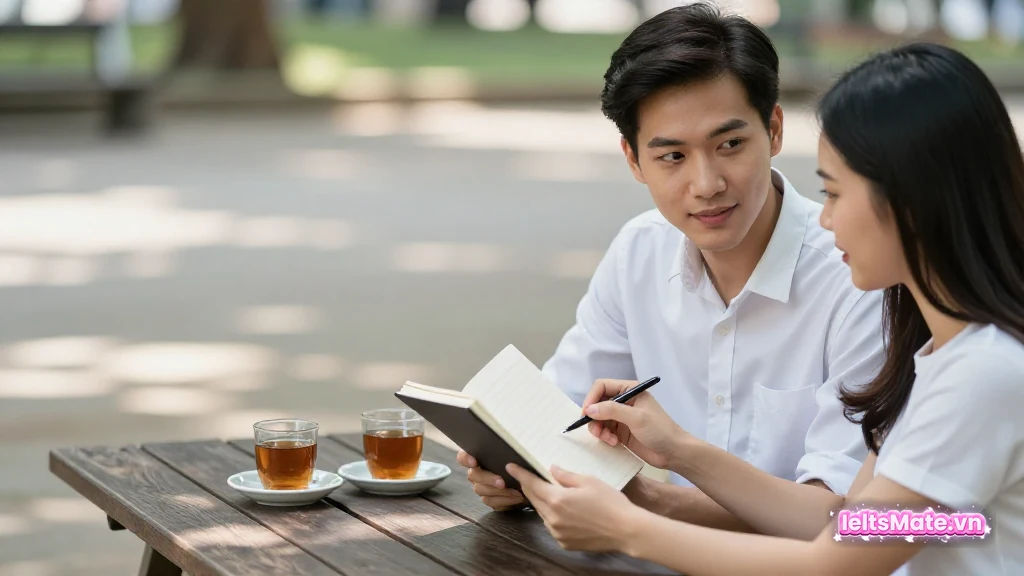 Hai người học Việt Nam ngồi cạnh nhau tại bàn gỗ ngoài trời, cùng xem một sổ tay và chỉ tay vào một dòng viết.