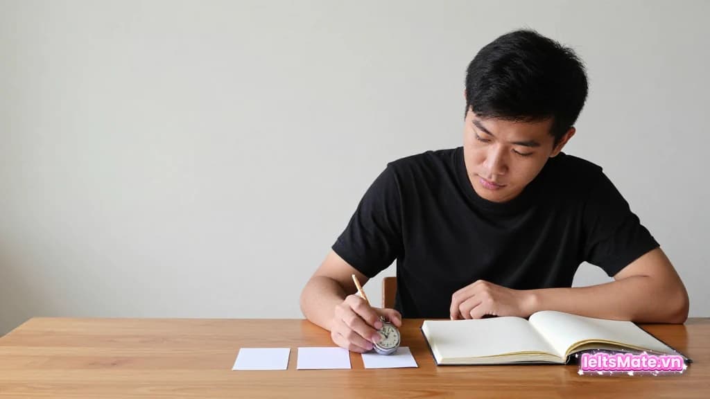 Người học Việt Nam đặt đồng hồ bấm giờ cạnh các thẻ nhiệm vụ trắng và một cuốn sổ mở trên bàn gỗ.