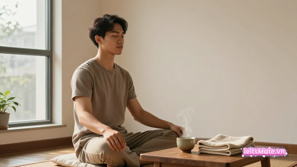 Người học Việt Nam ngồi nhắm mắt hít thở sâu trên đệm ngồi cạnh cửa sổ, hai tay đặt thả lỏng trên đầu gối, cốc trà nóng bên cạnh.