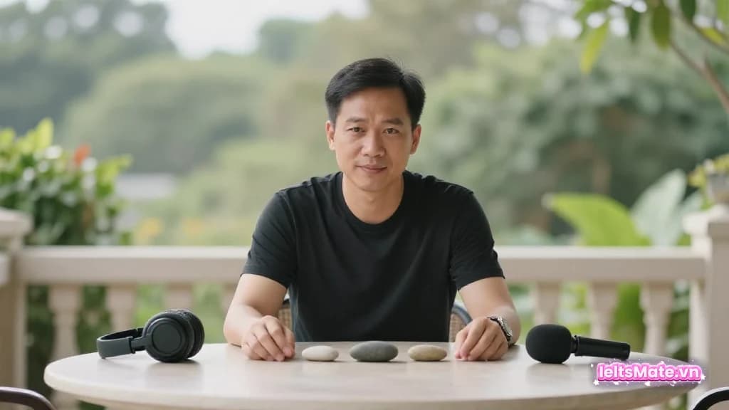 Một người học Việt Nam đặt tay cạnh ba viên đá trơn và micro trong routine bình tĩnh trước khi luyện nói.
