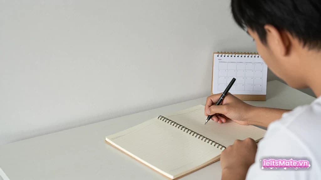 Người học Việt Nam trong góc học sáng, dùng sổ tay và lịch trống để minh họa thao tác luyện review bài thi thử IELTS.