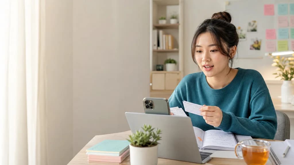 Người học nghe và lặp lại câu tiếng Anh qua tai nghe và bản ghi âm.