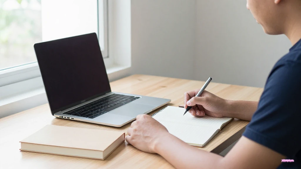 Người học Việt Nam đang phân loại thẻ màu trơn và ghi chú vào sổ mở bên cạnh laptop trên bàn làm việc sáng gọn.