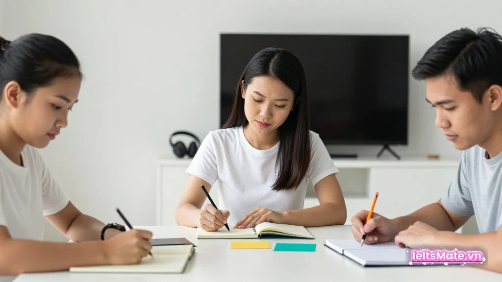 Ba người học xem các cột gỗ trơn cao thấp khác nhau trên bàn, ánh sáng tự nhiên và nền không chữ.