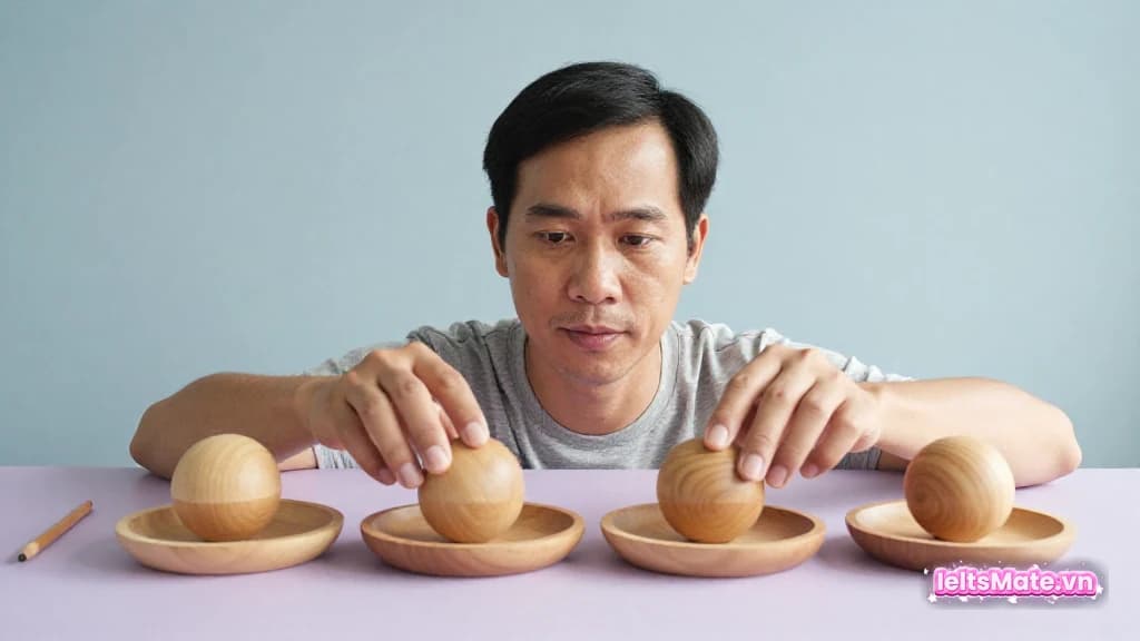 Một người học Việt Nam đặt bốn khối gỗ tròn vào bốn khay ôn tập trên chiếc bàn màu tím nhạt.