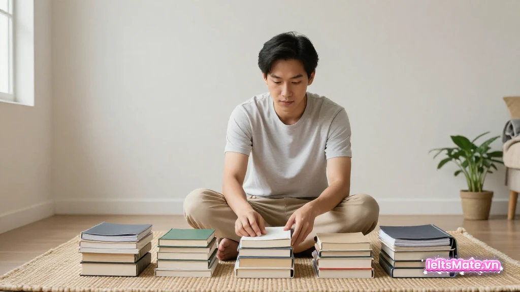Người học Việt Nam ngồi trên sàn phòng khách sáng, sắp xếp một chồng sách bìa trơn thành nhiều nhóm nhỏ gọn gàng.