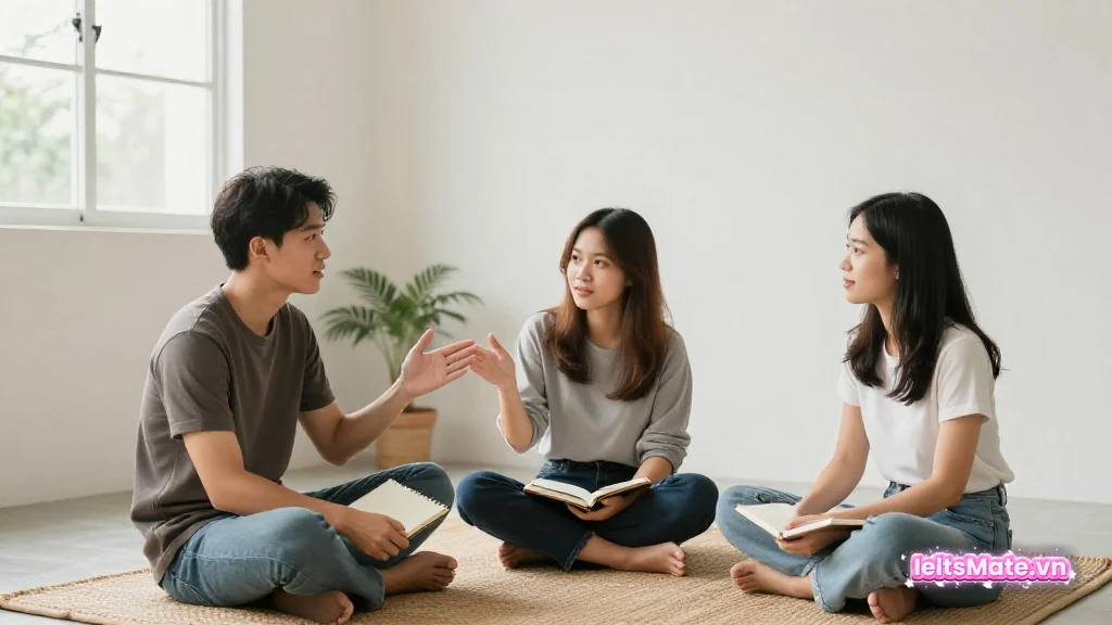 Ba người học Việt Nam ngồi vòng tròn trên sàn phòng khách sáng, một người đang nói và cầm sổ trống, hai người lắng nghe.