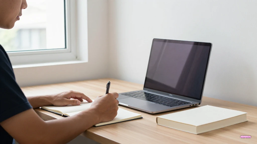 Người học Việt Nam xem ghi chú kết quả trên laptop không có chữ rõ, cạnh đồng hồ, tai nghe và sổ trang trơn trong phòng sáng.