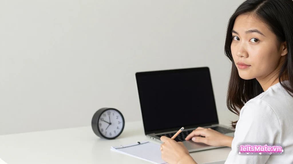 Người học Việt Nam ngồi trước laptop màn hình tối, đặt đồng hồ nhỏ và phiếu checklist trắng cạnh bàn phím.
