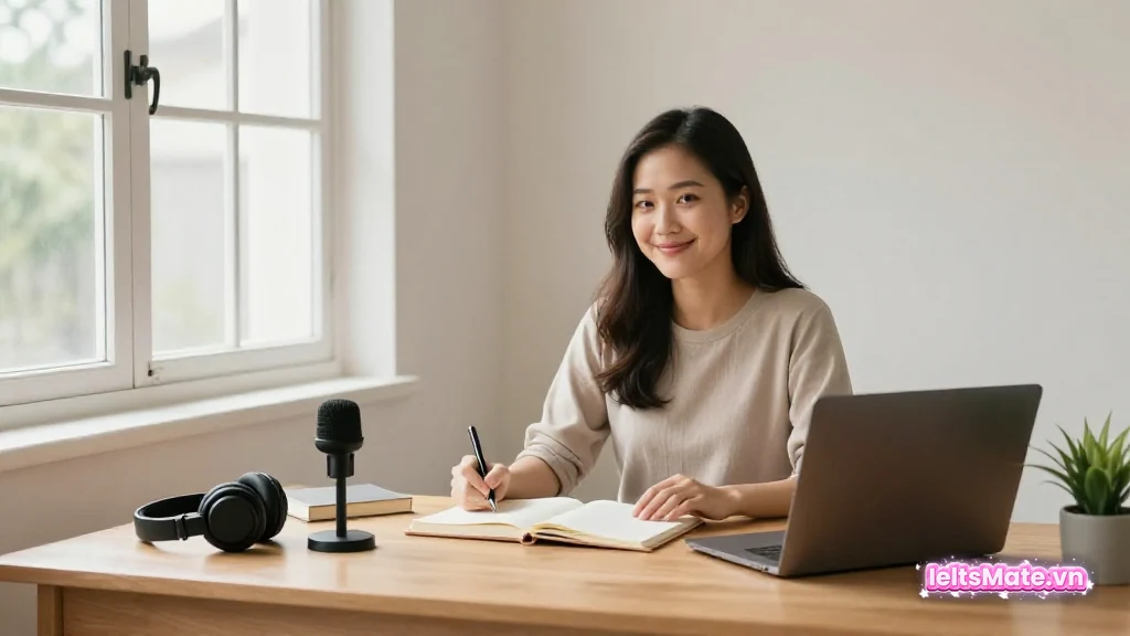 Người học Việt Nam mỉm cười nhẹ bên bàn học gọn gàng với tai nghe, sổ ghi chép, micro nhỏ và sách bìa trơn.
