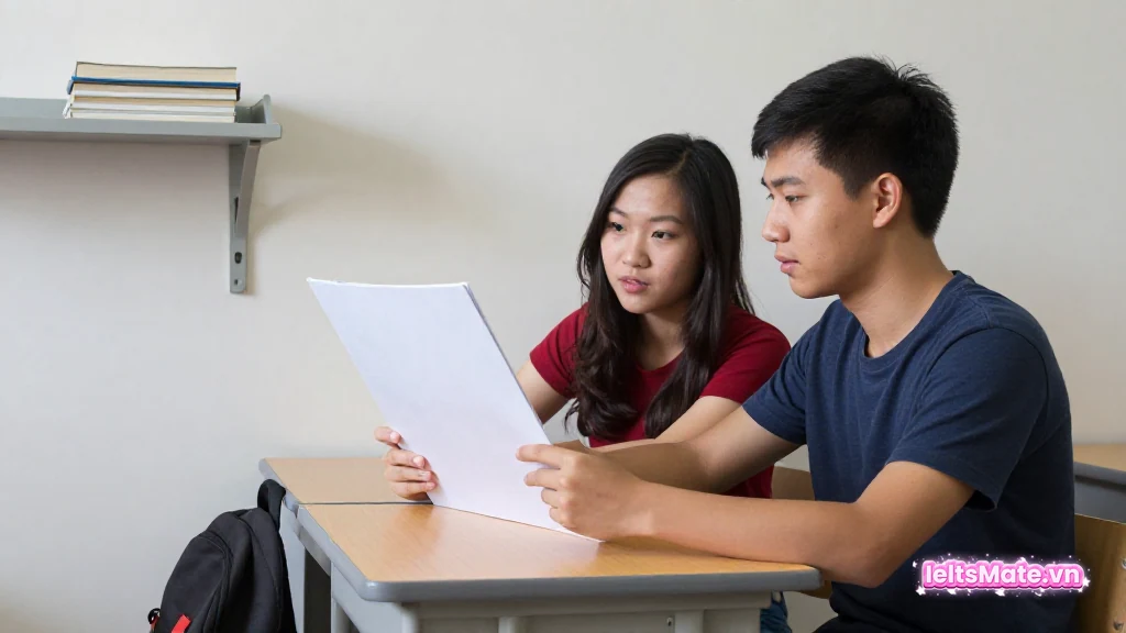 Hai sinh viên Việt Nam ngồi cạnh nhau trong lớp học, cùng xem một tờ giấy trắng, một người chỉ tay vào trang giấy để trao đổi.