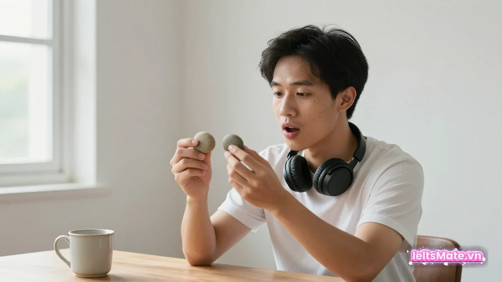 Người học Việt Nam đeo tai nghe choàng cổ, miệng hơi mở, hai tay cầm hai viên đá cuội nhỏ giống nhau để so sánh.