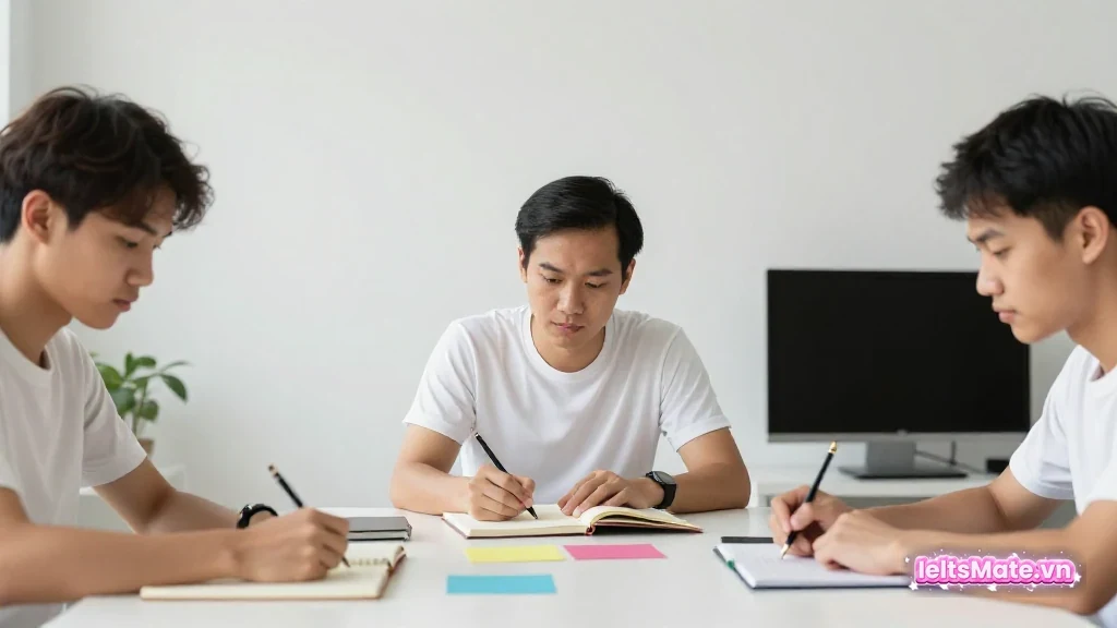 Ba người học thảo luận cạnh mô hình quả tim trơn và sổ trắng trong phòng học có ánh sáng mềm.