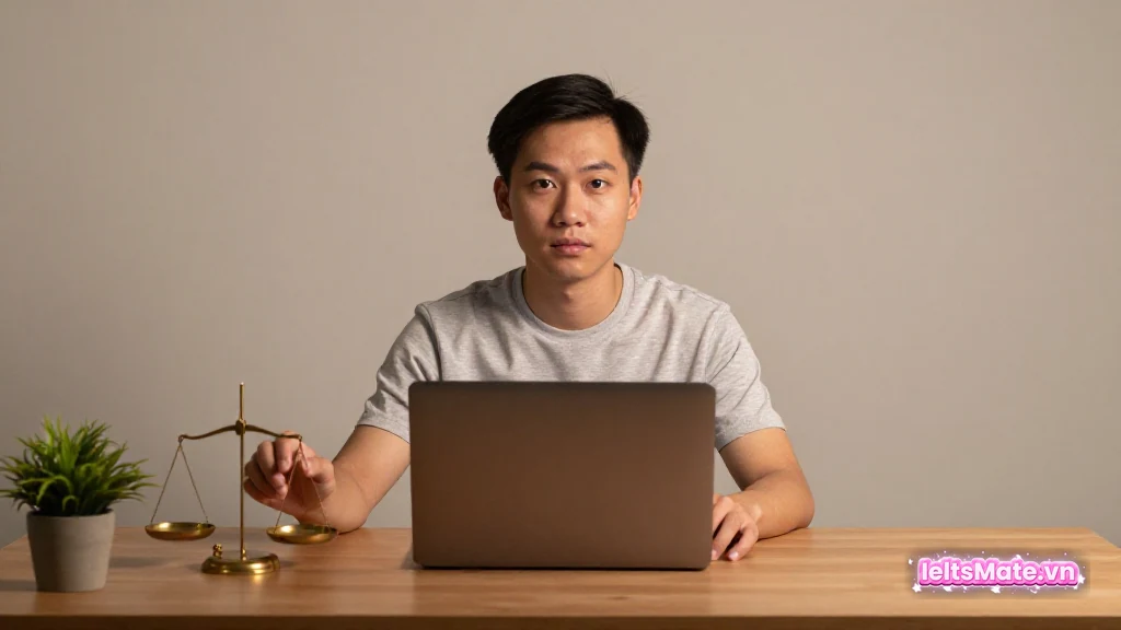 Người học Việt Nam ngồi bàn làm việc, tay cầm một cân thăng bằng nhỏ cạnh laptop, cân nhắc kỹ trước khi chọn công cụ luyện.